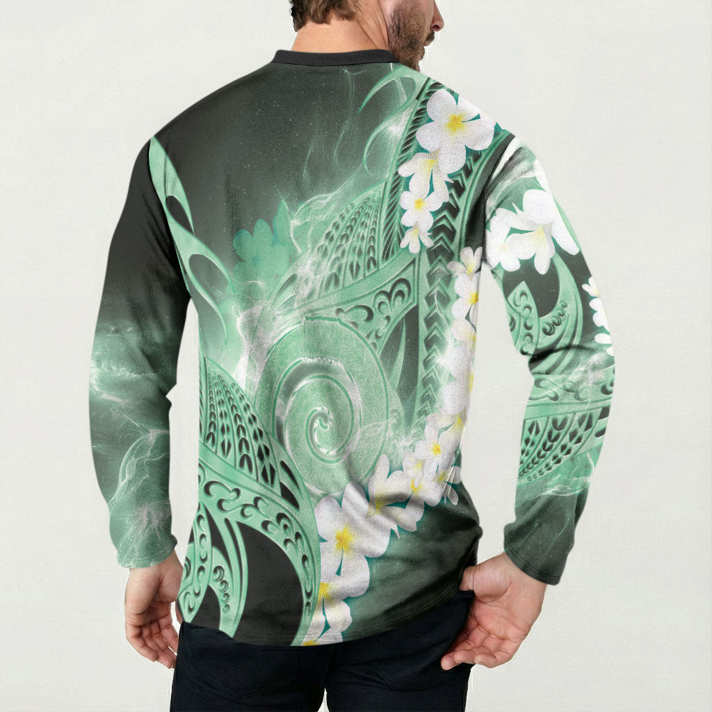 Piko Hawaiian Button Sweatshirt Green Galaxy Spiral Plumeria Tribal Patterns
