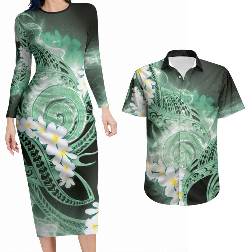 Piko Hawaiian Couples Matching Long Sleeve Bodycon Dress and Hawaiian Shirt Green Galaxy Spiral Plumeria Tribal Patterns DT05 Green - Polynesian Pride