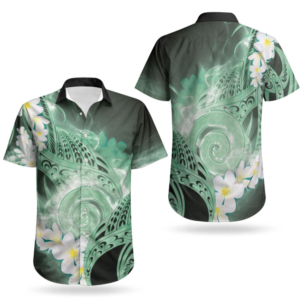 Piko Hawaiian Couples Matching Long Sleeve Bodycon Dress and Hawaiian Shirt Green Galaxy Spiral Plumeria Tribal Patterns
