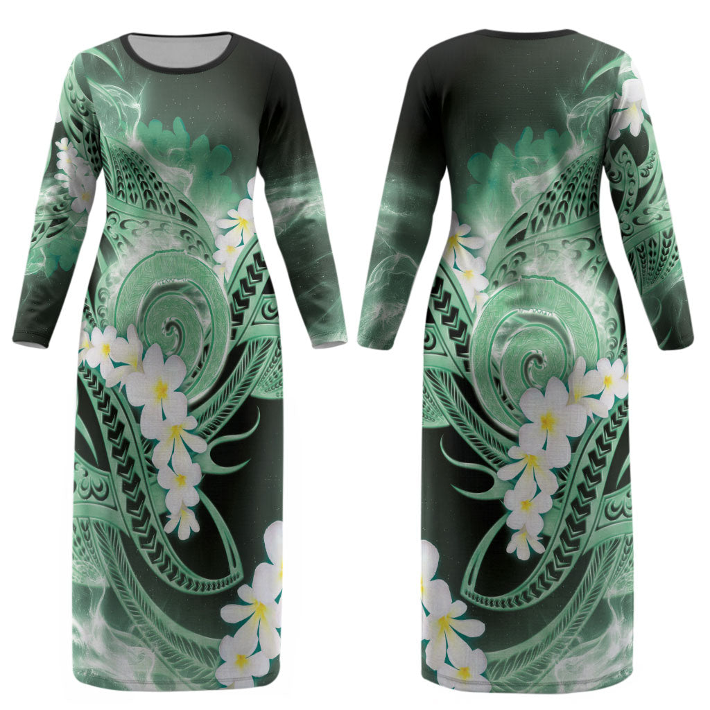 Piko Hawaiian Couples Matching Long Sleeve Bodycon Dress and Long Sleeve Button Shirt Green Galaxy Spiral Plumeria Tribal Patterns