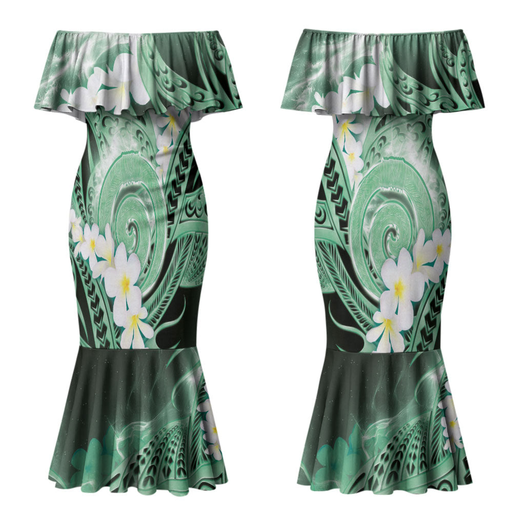 Piko Hawaiian Couples Matching Mermaid Dress and Hawaiian Shirt Green Galaxy Spiral Plumeria Tribal Patterns