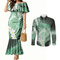 Piko Hawaiian Couples Matching Mermaid Dress and Long Sleeve Button Shirt Green Galaxy Spiral Plumeria Tribal Patterns