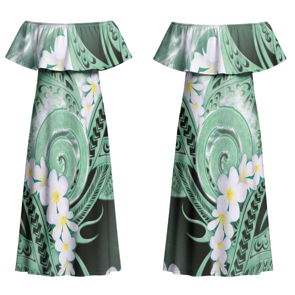 Piko Hawaiian Couples Matching Off Shoulder Maxi Dress and Long Sleeve Button Shirt Green Galaxy Spiral Plumeria Tribal Patterns