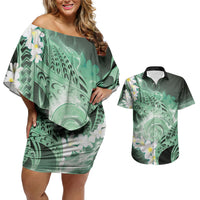 Piko Hawaiian Couples Matching Off Shoulder Short Dress and Hawaiian Shirt Green Galaxy Spiral Plumeria Tribal Patterns