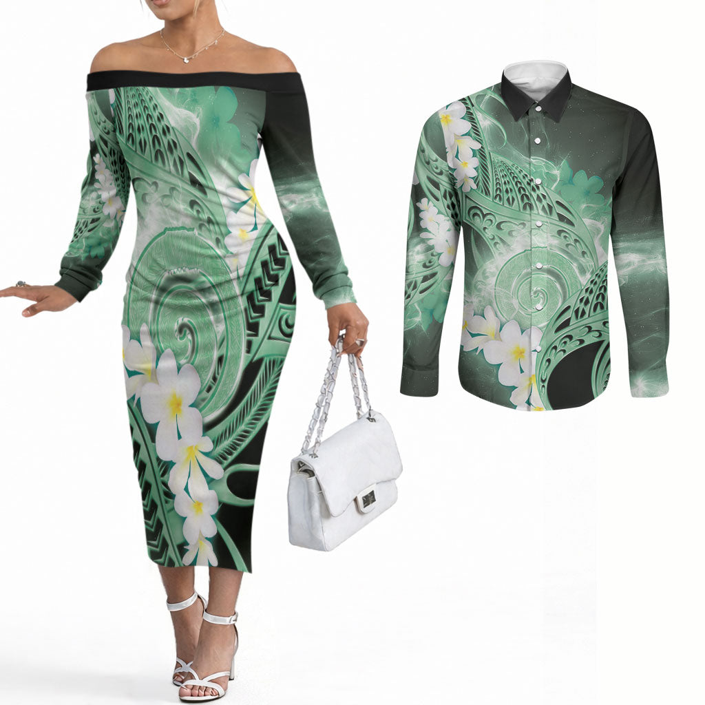Piko Hawaiian Couples Matching Off The Shoulder Long Sleeve Dress and Long Sleeve Button Shirt Green Galaxy Spiral Plumeria Tribal Patterns