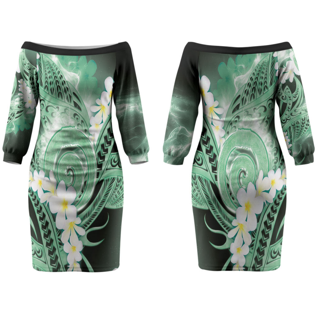 Piko Hawaiian Couples Matching Off The Shoulder Long Sleeve Dress and Long Sleeve Button Shirt Green Galaxy Spiral Plumeria Tribal Patterns
