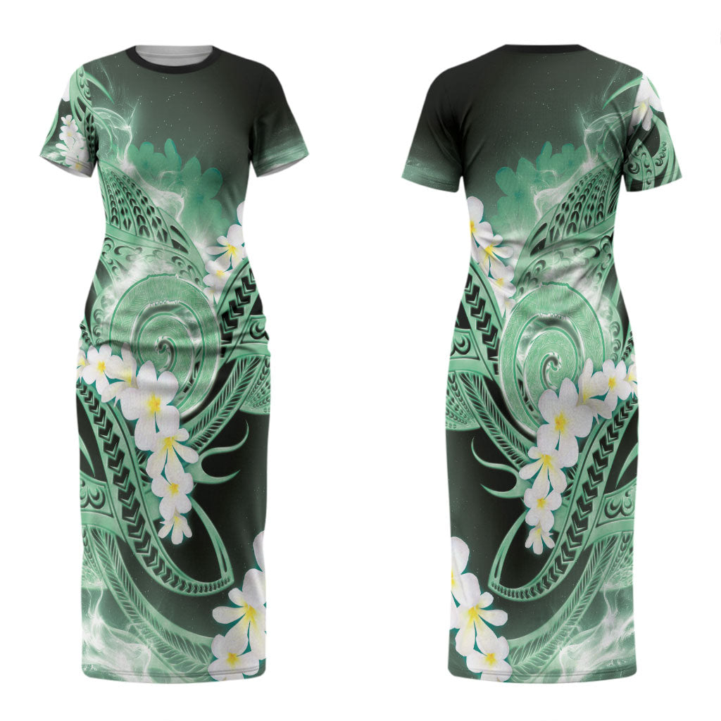Piko Hawaiian Couples Matching Short Sleeve Bodycon Dress and Hawaiian Shirt Green Galaxy Spiral Plumeria Tribal Patterns