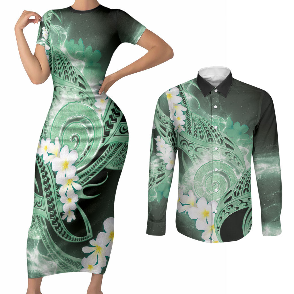 Piko Hawaiian Couples Matching Short Sleeve Bodycon Dress and Long Sleeve Button Shirt Green Galaxy Spiral Plumeria Tribal Patterns
