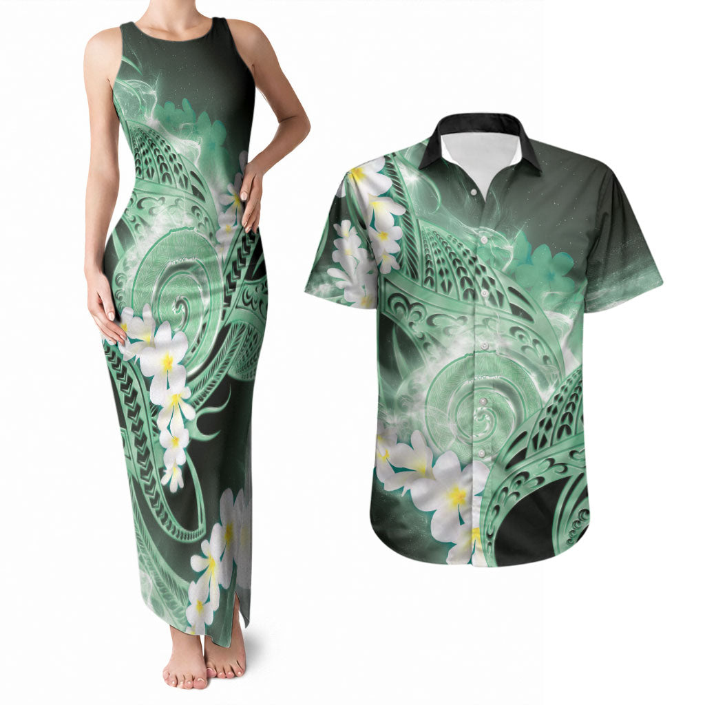 Piko Hawaiian Couples Matching Tank Maxi Dress and Hawaiian Shirt Green Galaxy Spiral Plumeria Tribal Patterns