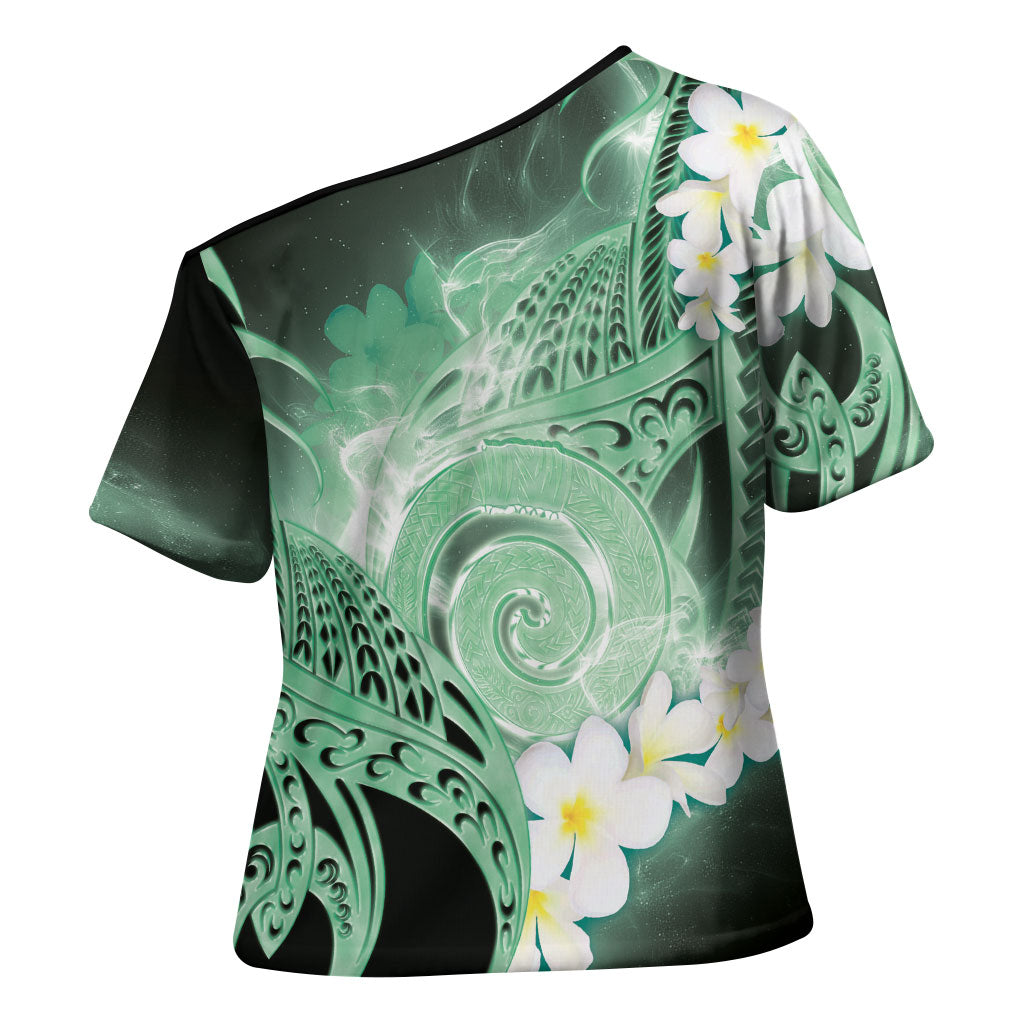 Piko Hawaiian Cross Shoulder Shirt Green Galaxy Spiral Plumeria Tribal Patterns