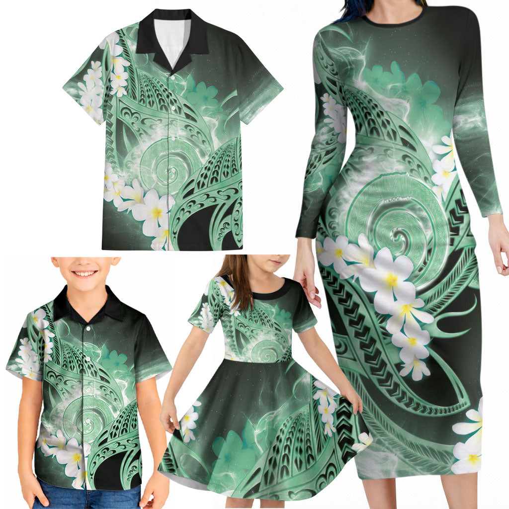 Piko Hawaiian Family Matching Long Sleeve Bodycon Dress and Hawaiian Shirt Green Galaxy Spiral Plumeria Tribal Patterns DT05 - Polynesian Pride