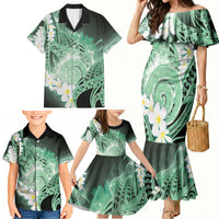 Piko Hawaiian Family Matching Mermaid Dress and Hawaiian Shirt Green Galaxy Spiral Plumeria Tribal Patterns