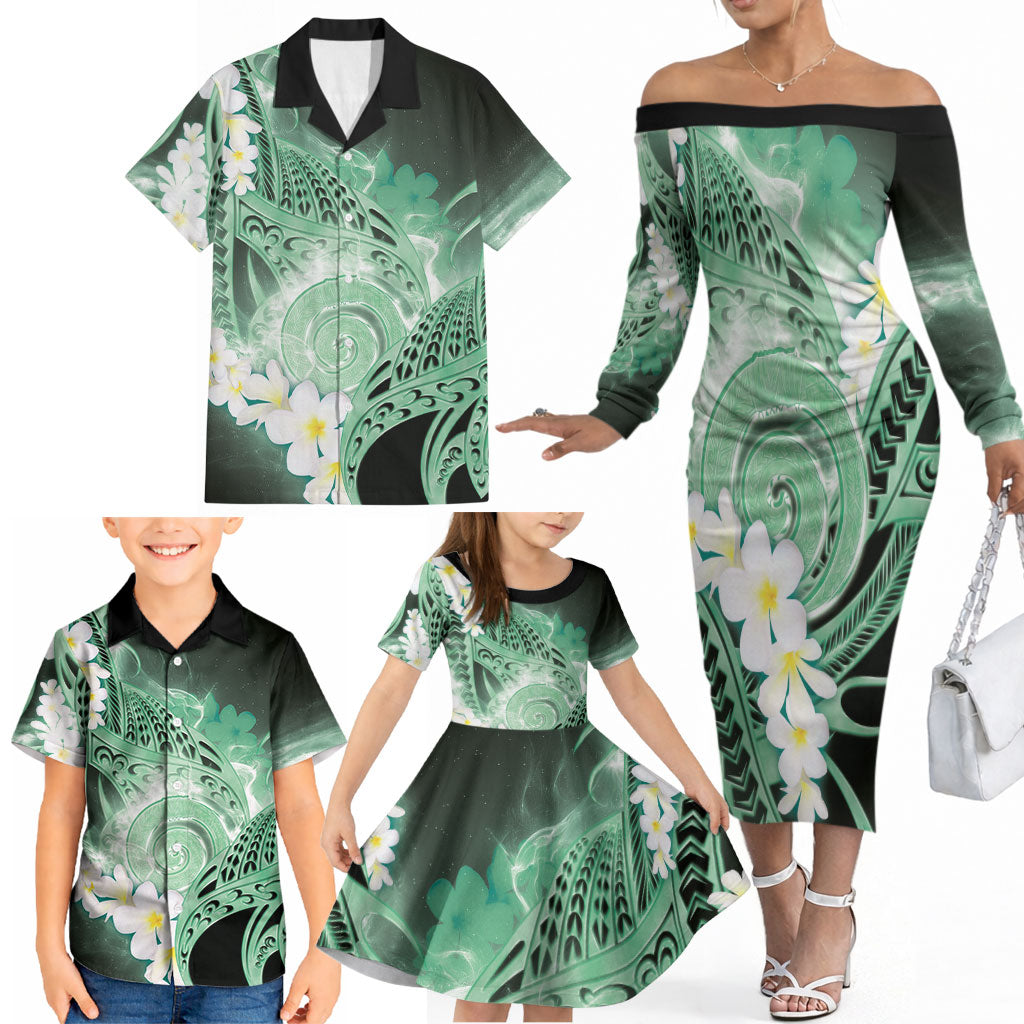 Piko Hawaiian Family Matching Off The Shoulder Long Sleeve Dress and Hawaiian Shirt Green Galaxy Spiral Plumeria Tribal Patterns
