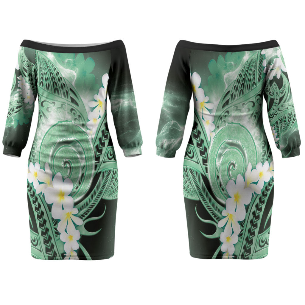 Piko Hawaiian Family Matching Off The Shoulder Long Sleeve Dress and Hawaiian Shirt Green Galaxy Spiral Plumeria Tribal Patterns
