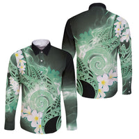 Piko Hawaiian Family Matching Off The Shoulder Long Sleeve Dress and Hawaiian Shirt Green Galaxy Spiral Plumeria Tribal Patterns