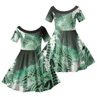 Piko Hawaiian Family Matching Off The Shoulder Long Sleeve Dress and Hawaiian Shirt Green Galaxy Spiral Plumeria Tribal Patterns