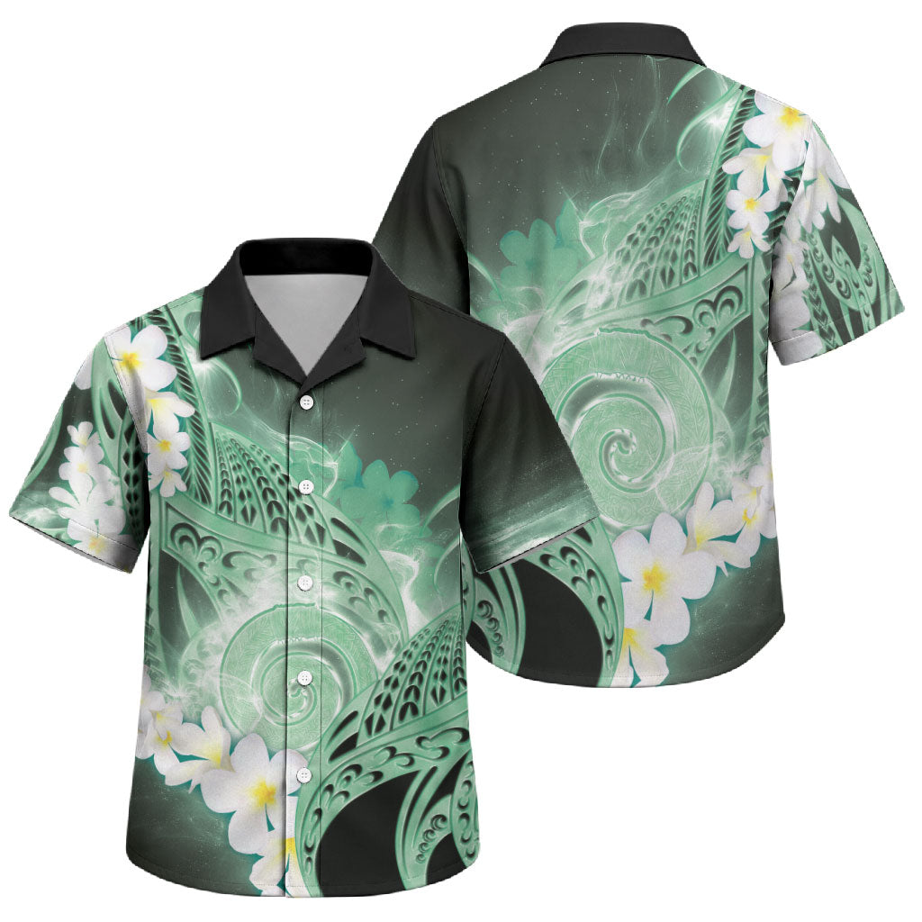 Piko Hawaiian Family Matching Off Shoulder Maxi Dress and Hawaiian Shirt Green Galaxy Spiral Plumeria Tribal Patterns