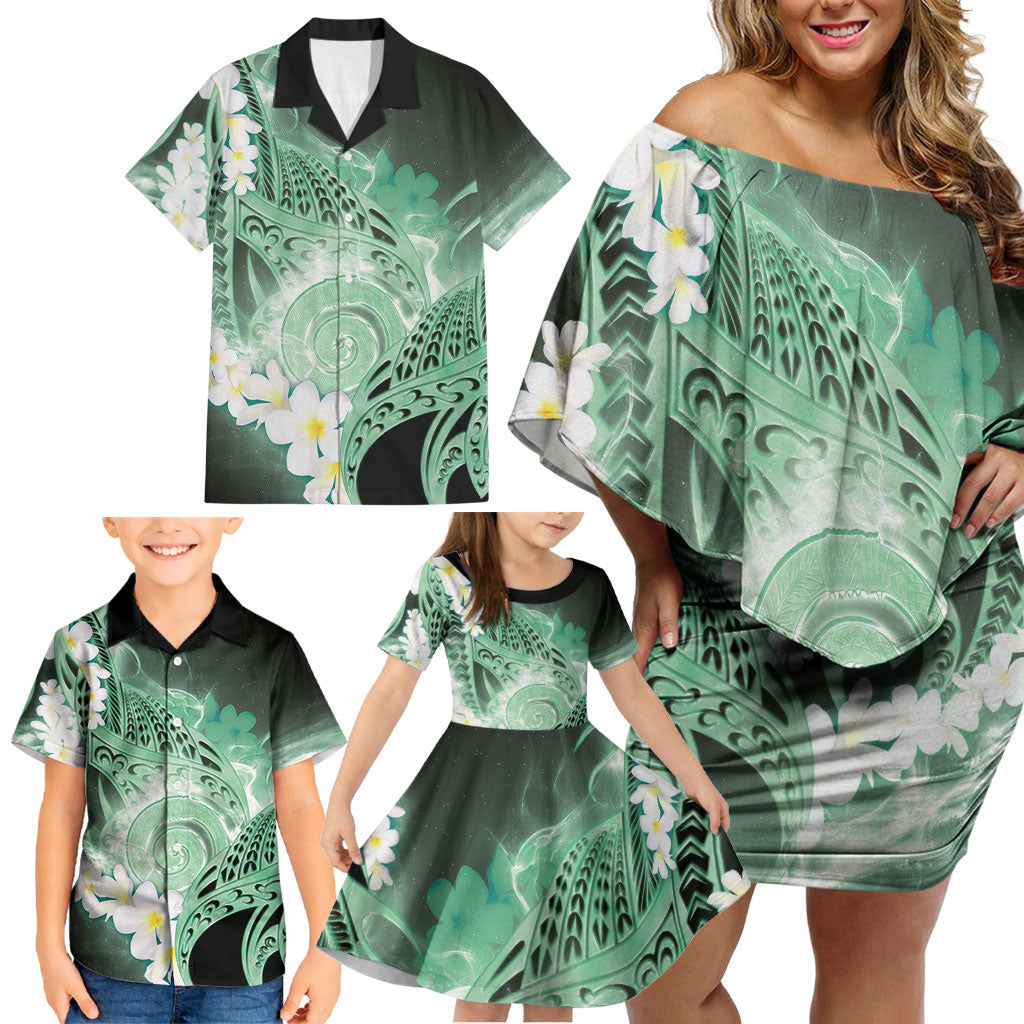 Piko Hawaiian Family Matching Off Shoulder Short Dress and Hawaiian Shirt Green Galaxy Spiral Plumeria Tribal Patterns