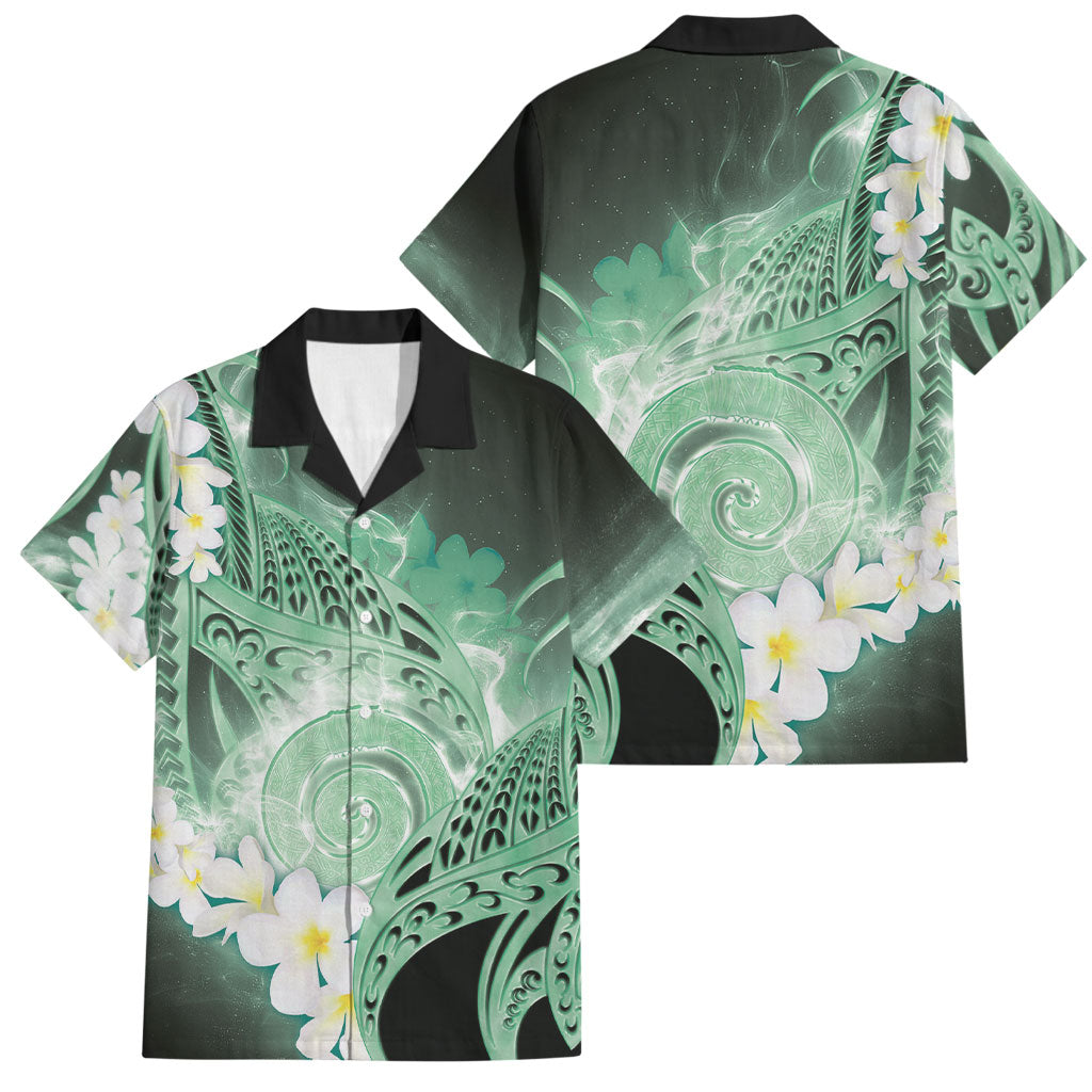 Piko Hawaiian Family Matching Off Shoulder Short Dress and Hawaiian Shirt Green Galaxy Spiral Plumeria Tribal Patterns