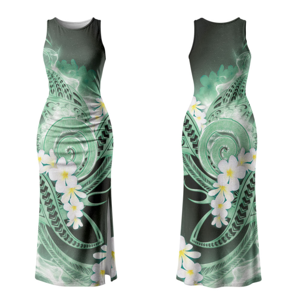 Piko Hawaiian Family Matching Tank Maxi Dress and Hawaiian Shirt Green Galaxy Spiral Plumeria Tribal Patterns