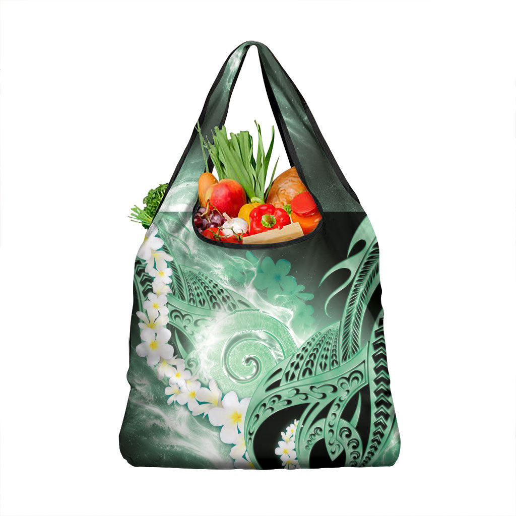 Piko Hawaiian Grocery Bag Green Galaxy Spiral Plumeria Tribal Patterns