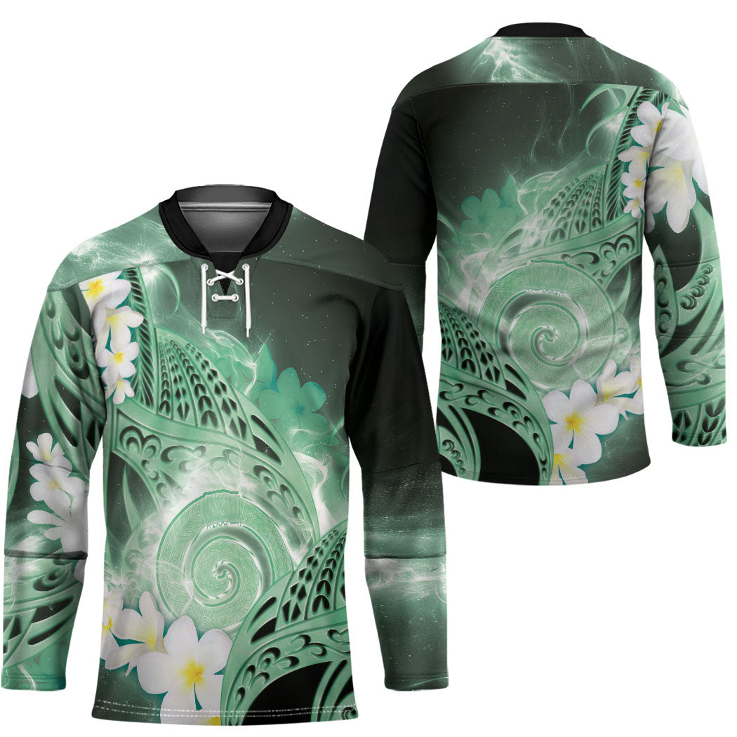 Piko Hawaiian Hockey Jersey Green Galaxy Spiral Plumeria Tribal Patterns