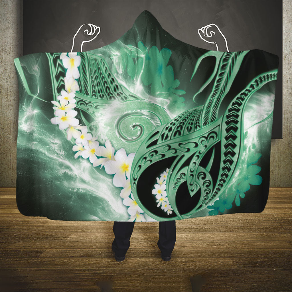 Piko Hawaiian Hooded Blanket Green Galaxy Spiral Plumeria Tribal Patterns