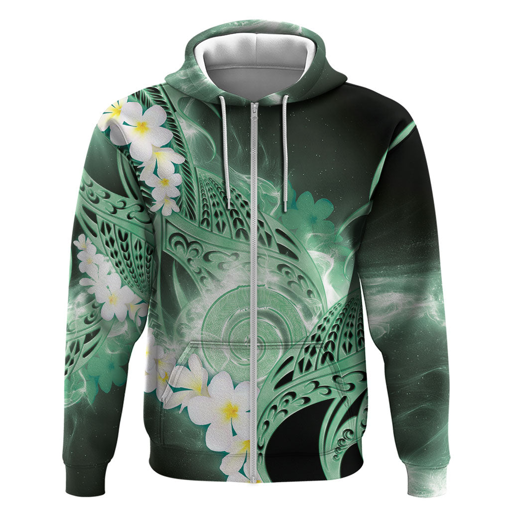 Piko Hawaiian Hoodie Green Galaxy Spiral Plumeria Tribal Patterns