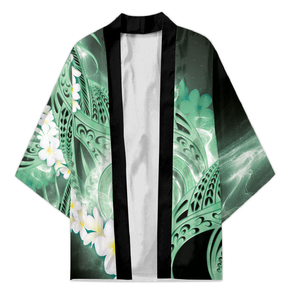 Piko Hawaiian Kimono Green Galaxy Spiral Plumeria Tribal Patterns