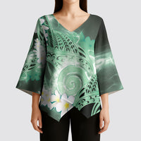 Piko Hawaiian Kimono Sleeve Blouse Green Galaxy Spiral Plumeria Tribal Patterns
