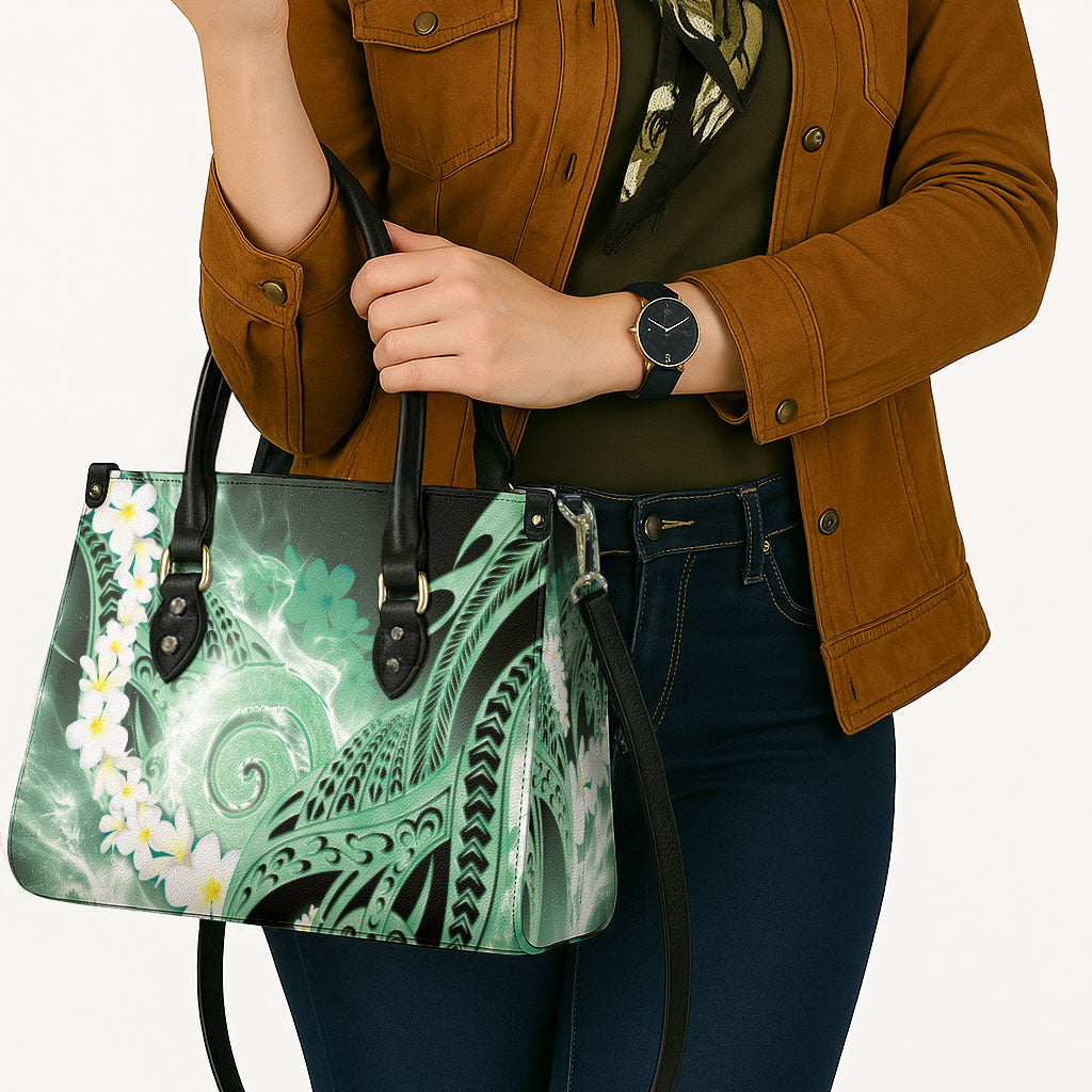 Piko Hawaiian Leather Bag Green Galaxy Spiral Plumeria Tribal Patterns