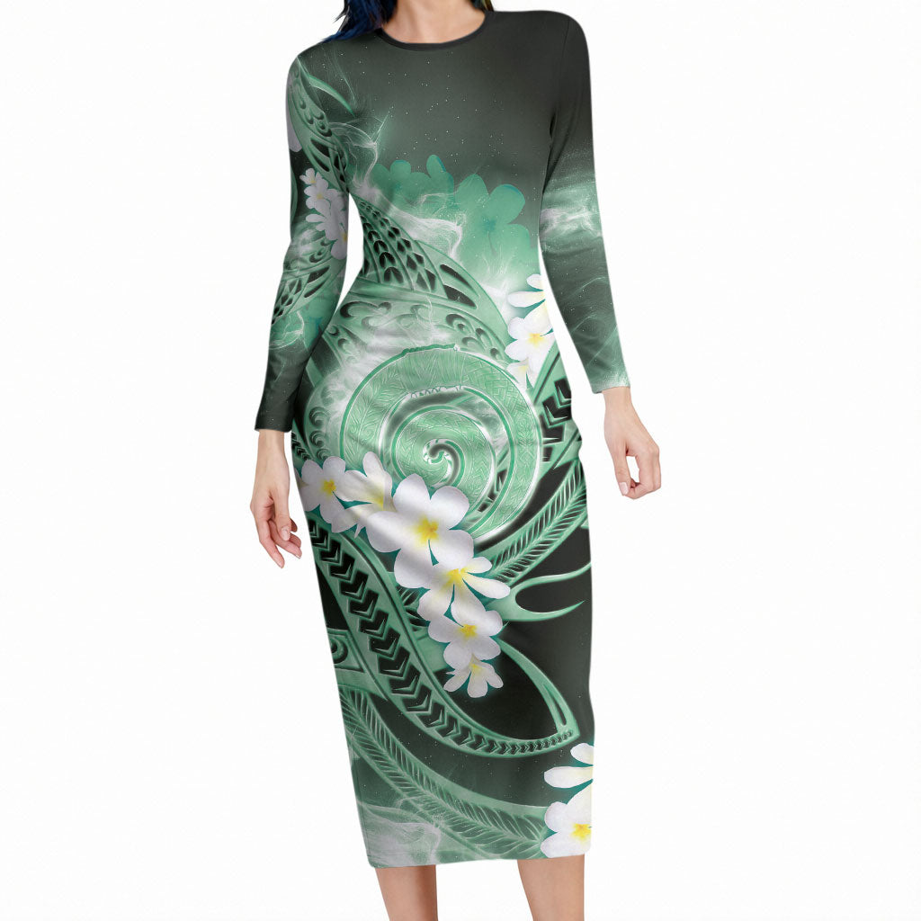 Piko Hawaiian Long Sleeve Bodycon Dress Green Galaxy Spiral Plumeria Tribal Patterns