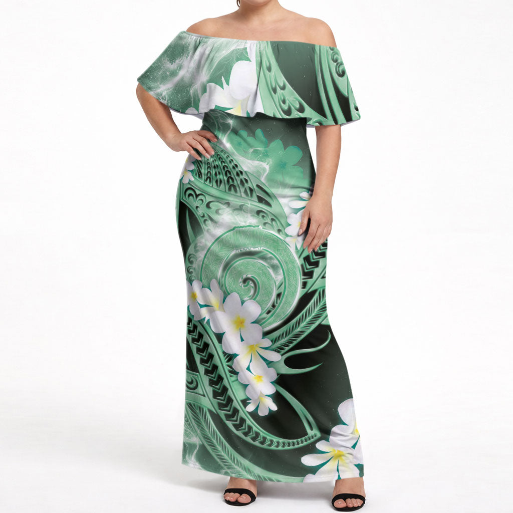 Piko Hawaiian Off Shoulder Maxi Dress Green Galaxy Spiral Plumeria Tribal Patterns
