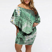 Piko Hawaiian Off Shoulder Short Dress Green Galaxy Spiral Plumeria Tribal Patterns