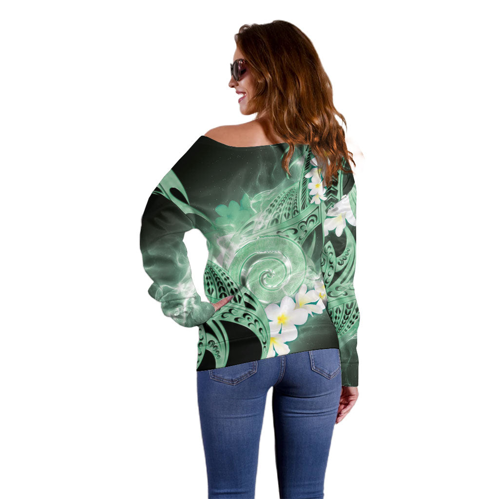 Piko Hawaiian Off Shoulder Sweater Green Galaxy Spiral Plumeria Tribal Patterns