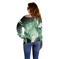 Piko Hawaiian Off Shoulder Sweater Green Galaxy Spiral Plumeria Tribal Patterns
