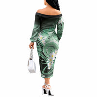 Piko Hawaiian Off The Shoulder Long Sleeve Dress Green Galaxy Spiral Plumeria Tribal Patterns