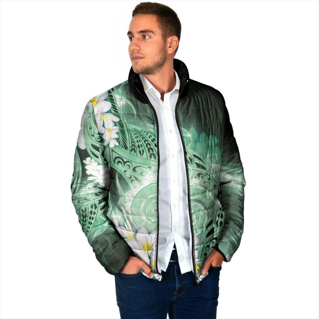 Piko Hawaiian Padded Jacket Green Galaxy Spiral Plumeria Tribal Patterns