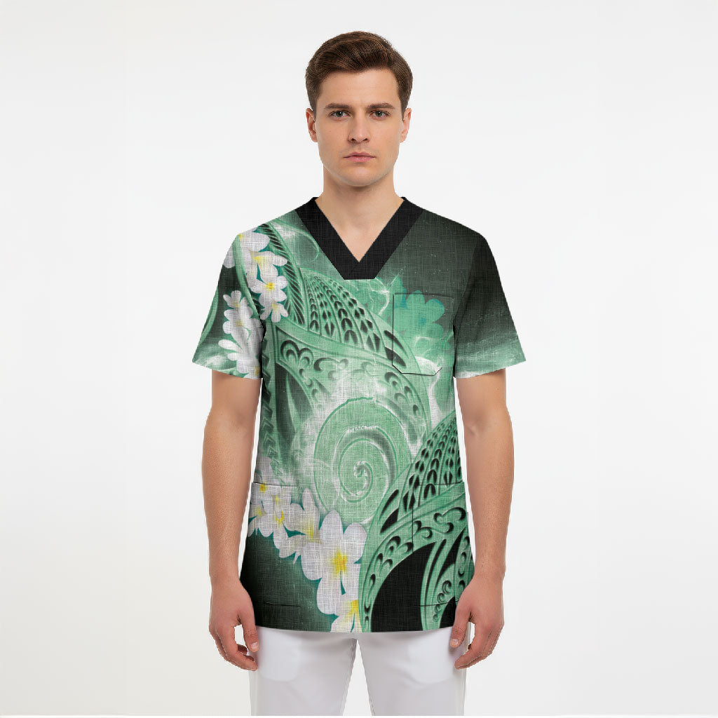 Piko Hawaiian Scrub Top Green Galaxy Spiral Plumeria Tribal Patterns