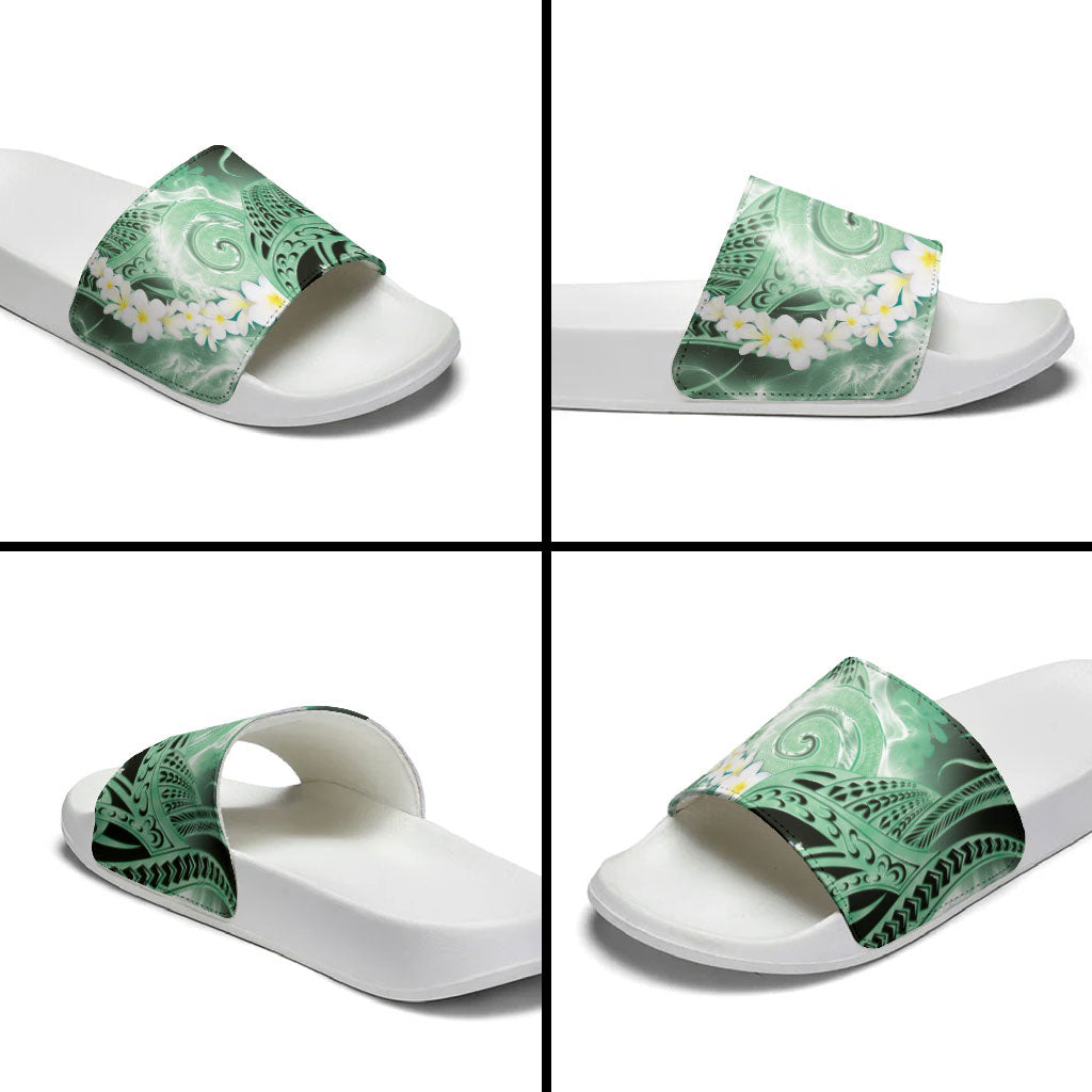 Piko Hawaiian Slide Sandals Green Galaxy Spiral Plumeria Tribal Patterns