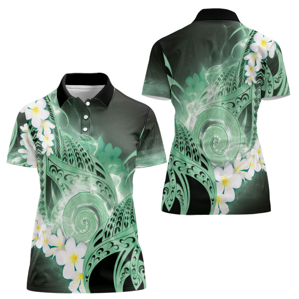 Piko Hawaiian Women Polo Shirt Green Galaxy Spiral Plumeria Tribal Patterns