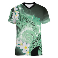 Piko Hawaiian Women V-Neck T-Shirt Green Galaxy Spiral Plumeria Tribal Patterns