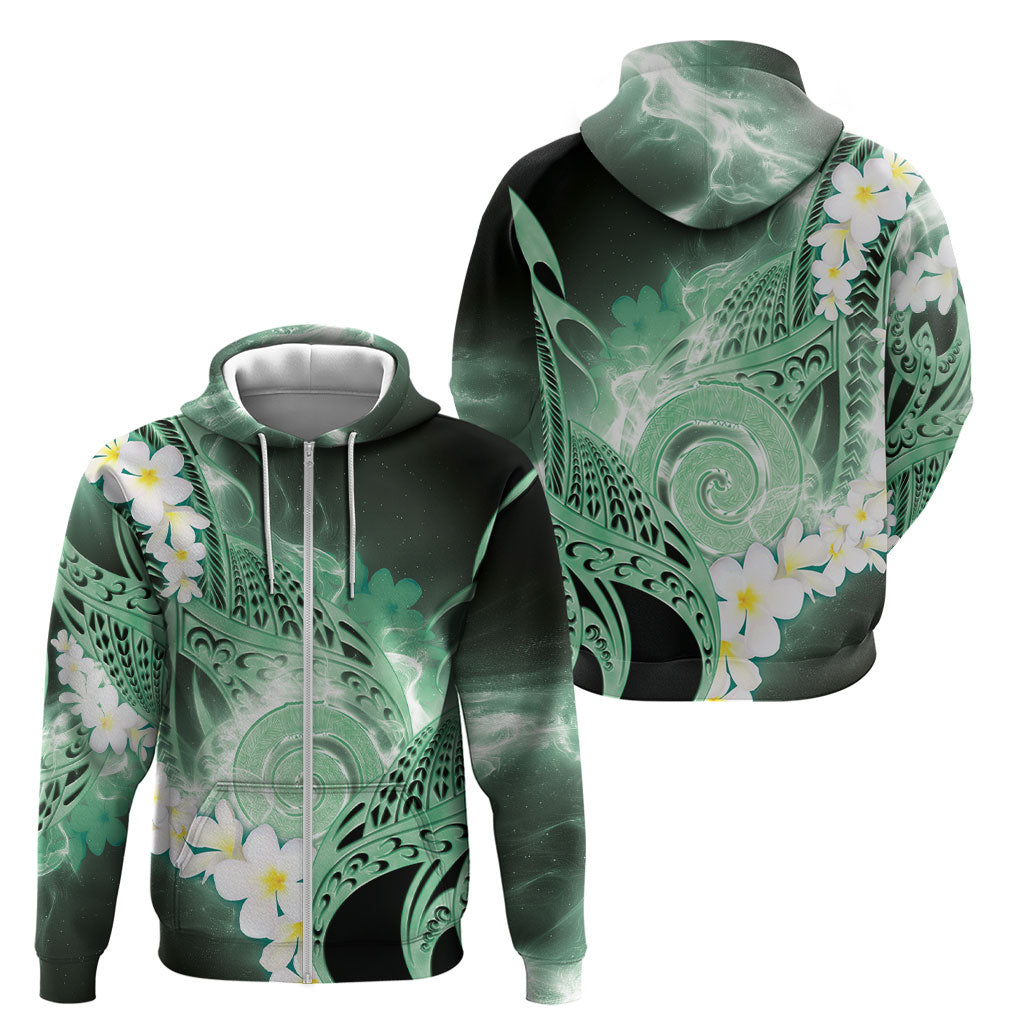 Piko Hawaiian Zip Hoodie Green Galaxy Spiral Plumeria Tribal Patterns