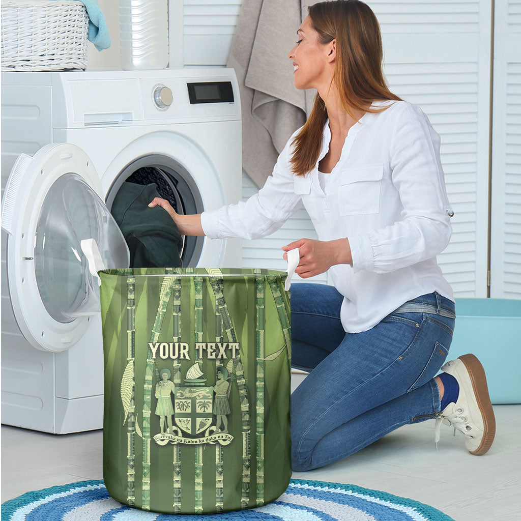 Personalised Fiji Language Week Sugarcane Masi Laundry Basket Green Tapa Tribal Pattern