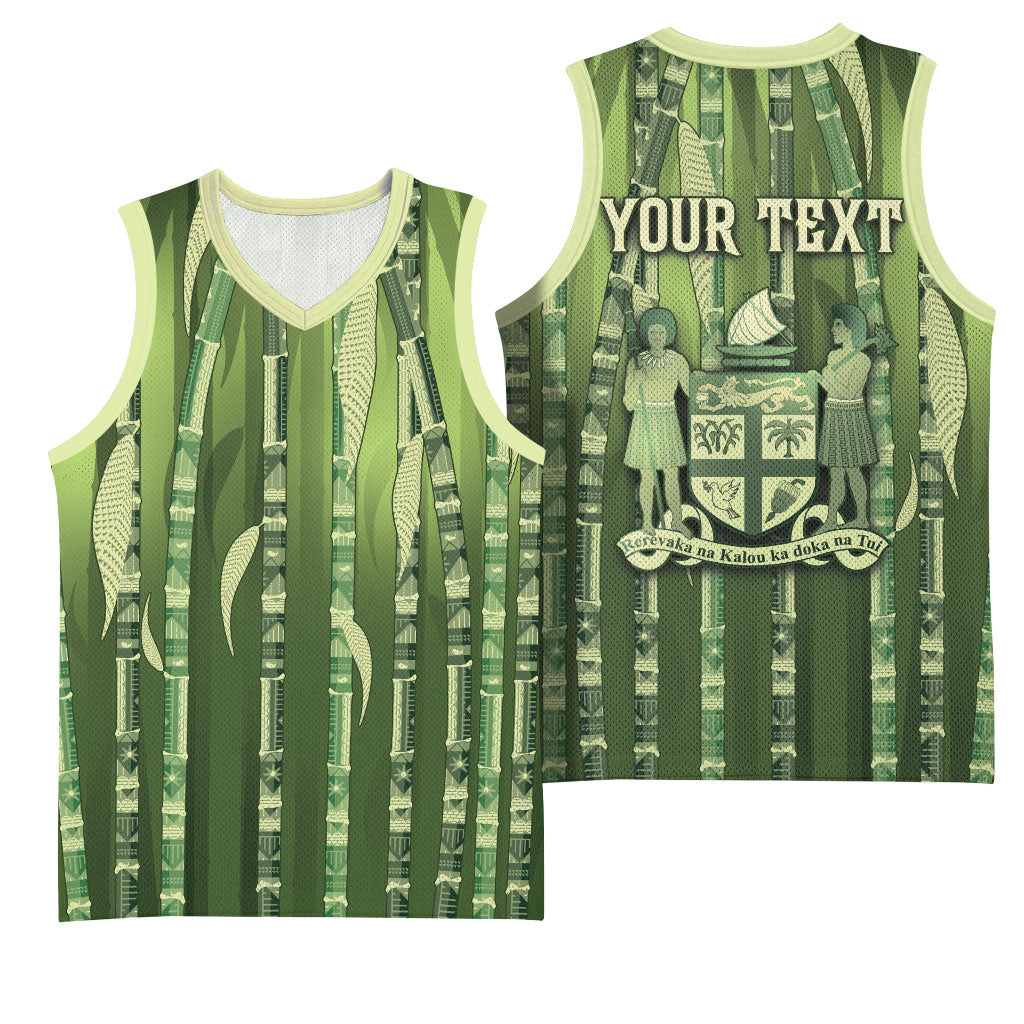 Personalised Fiji Language Week Sugarcane Masi Basketball Jersey Green Tapa Tribal Pattern