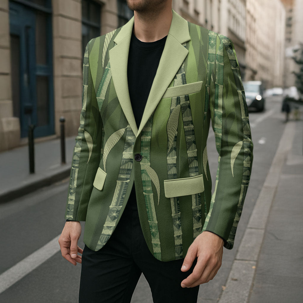 Personalised Fiji Language Week Sugarcane Masi Blazer Green Tapa Tribal Pattern