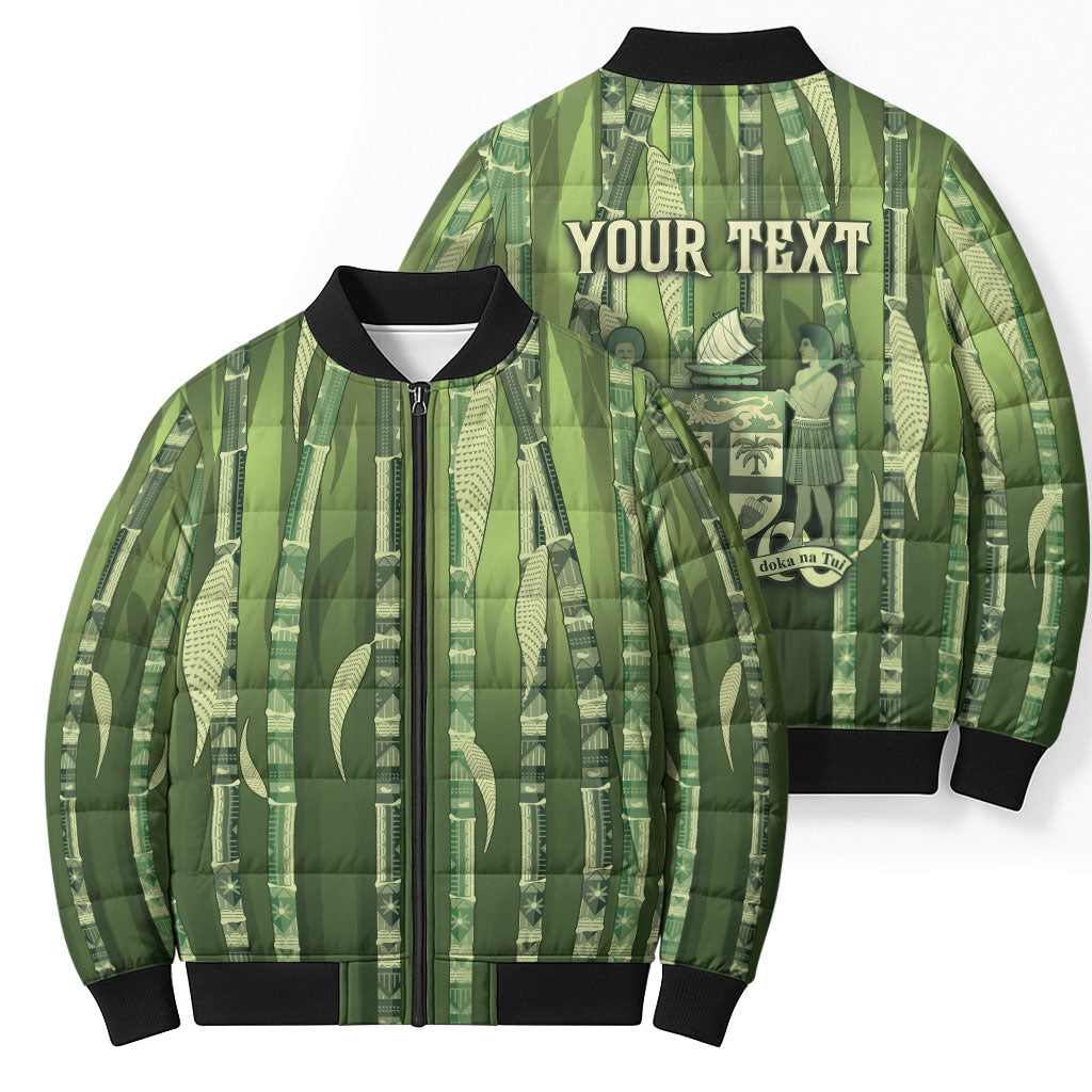 Personalised Fiji Language Week Sugarcane Masi Bomber Puffer Jacket Green Tapa Tribal Pattern