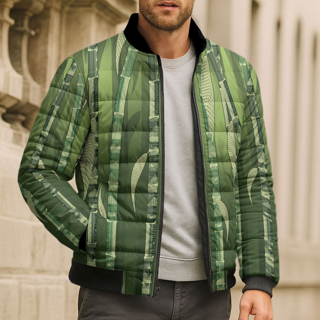 Personalised Fiji Language Week Sugarcane Masi Bomber Puffer Jacket Green Tapa Tribal Pattern