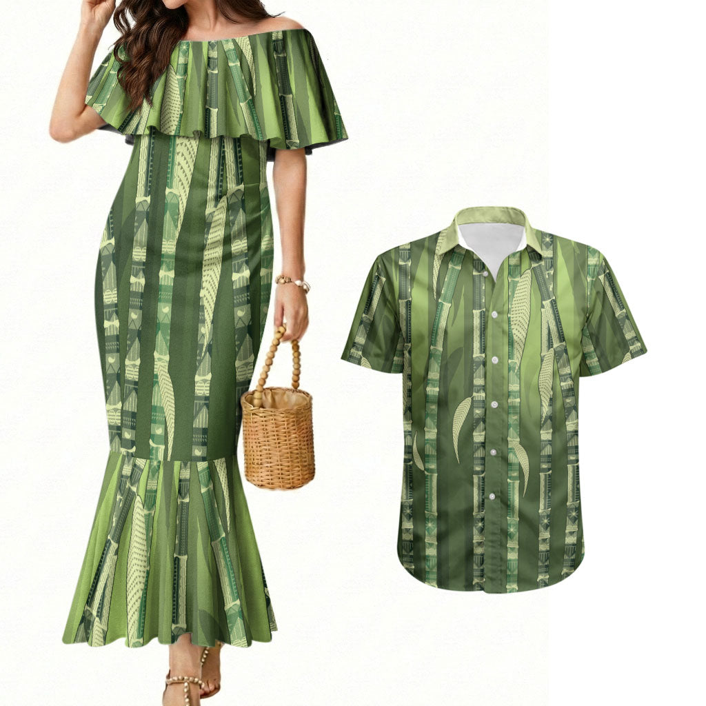 Personalised Fiji Language Week Sugarcane Masi Couples Matching Mermaid Dress and Hawaiian Shirt Green Tapa Tribal Pattern