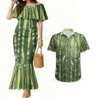 Personalised Fiji Language Week Sugarcane Masi Couples Matching Mermaid Dress and Hawaiian Shirt Green Tapa Tribal Pattern